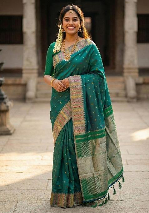 Bottle Green Woven Zari Work Silk Blend Saree Set