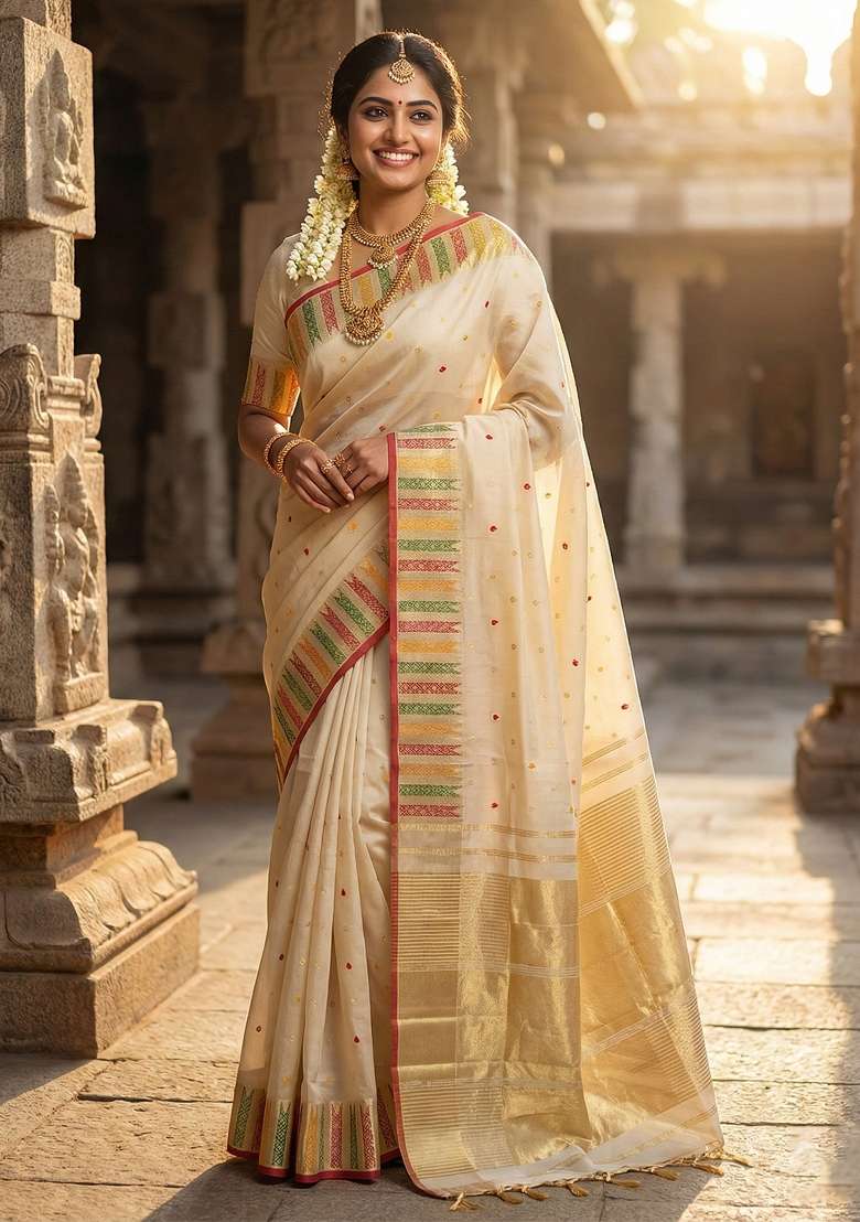 Cream Woven Silk Blend Saree Set with Zari Work for Diwali | Wedding & Festive Wear - Indya