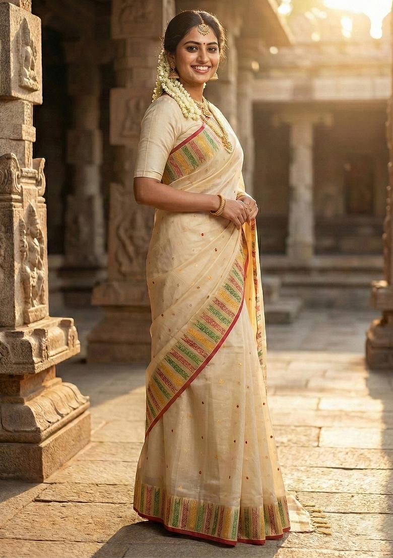 Cream Woven Zari Work Silk Saree Set - Indya