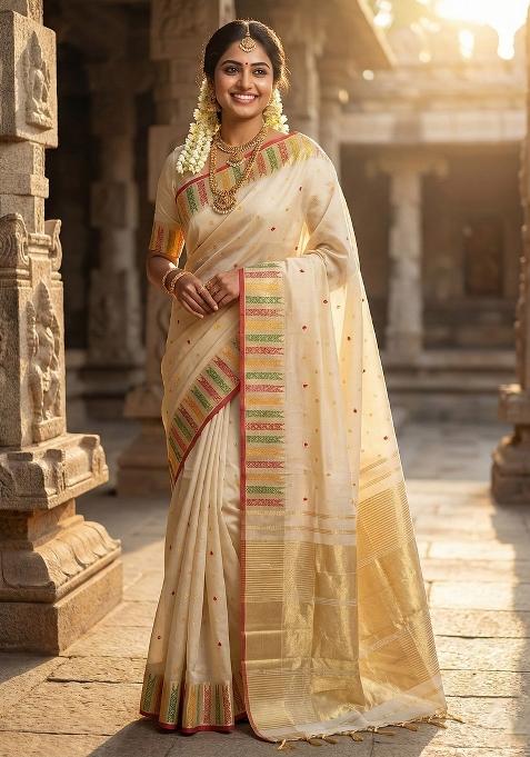 Cream Woven Zari Work Silk Saree Set