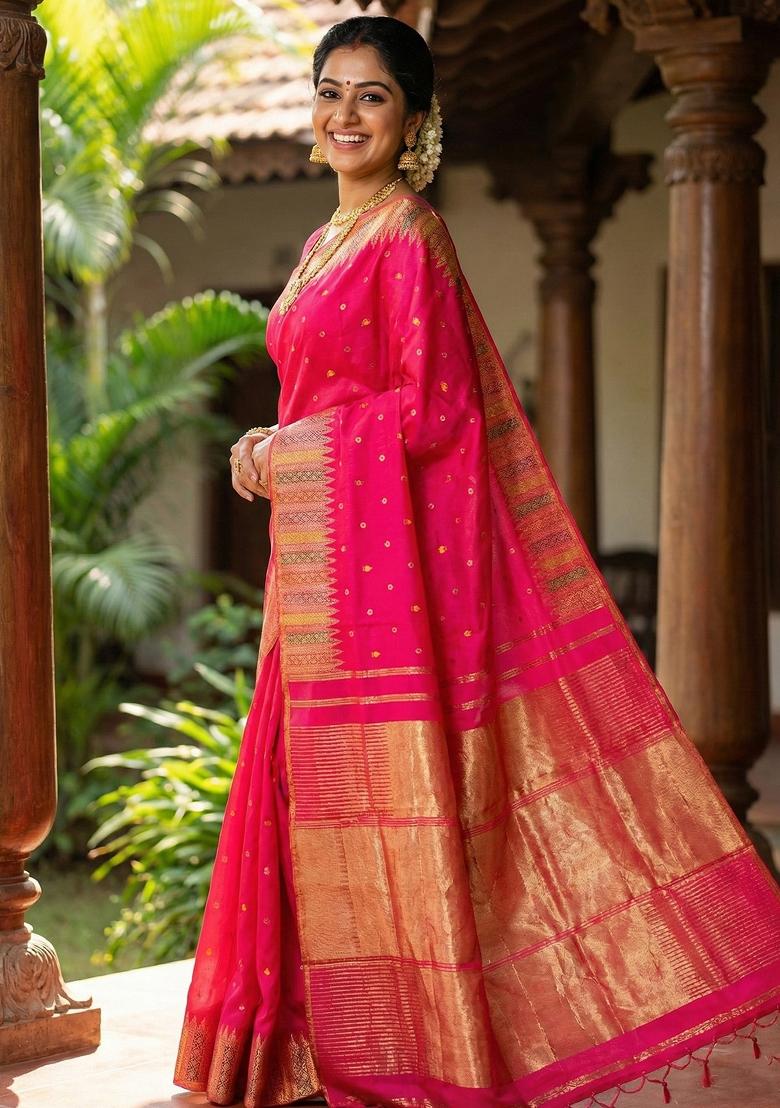 Pink Woven Zari Work Silk Saree Set - Indya