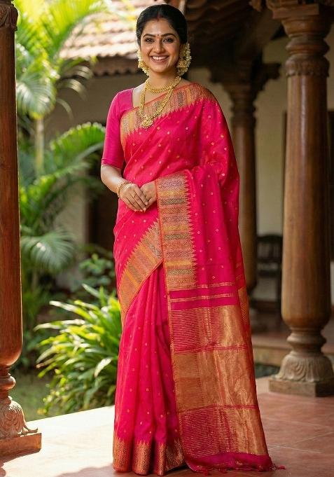 Pink Woven Zari Work Silk Blend Saree Set