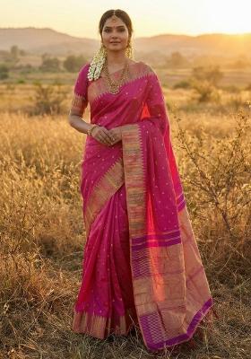 Magenta Woven Zari Work Silk Saree Set
