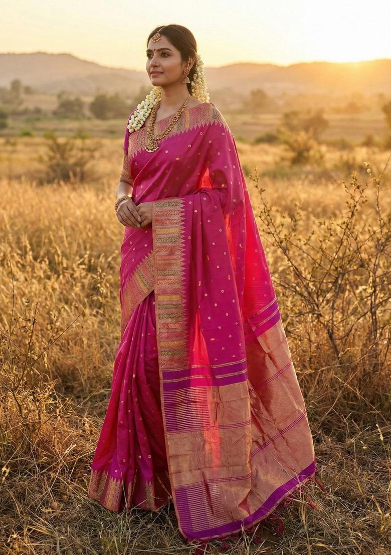 Magenta Woven Zari Work Silk Saree Set - Indya