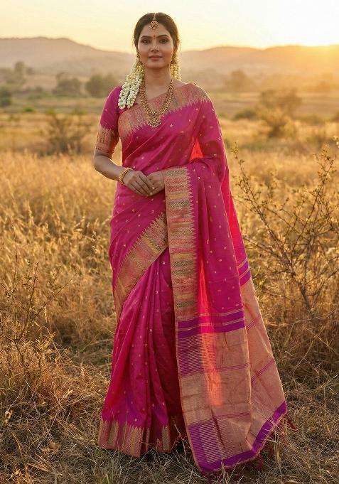 Magenta Woven Zari Work Silk Blend Saree Set