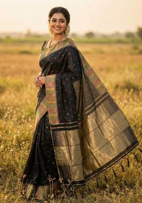 Black Woven Zari Work Silk Saree Set
