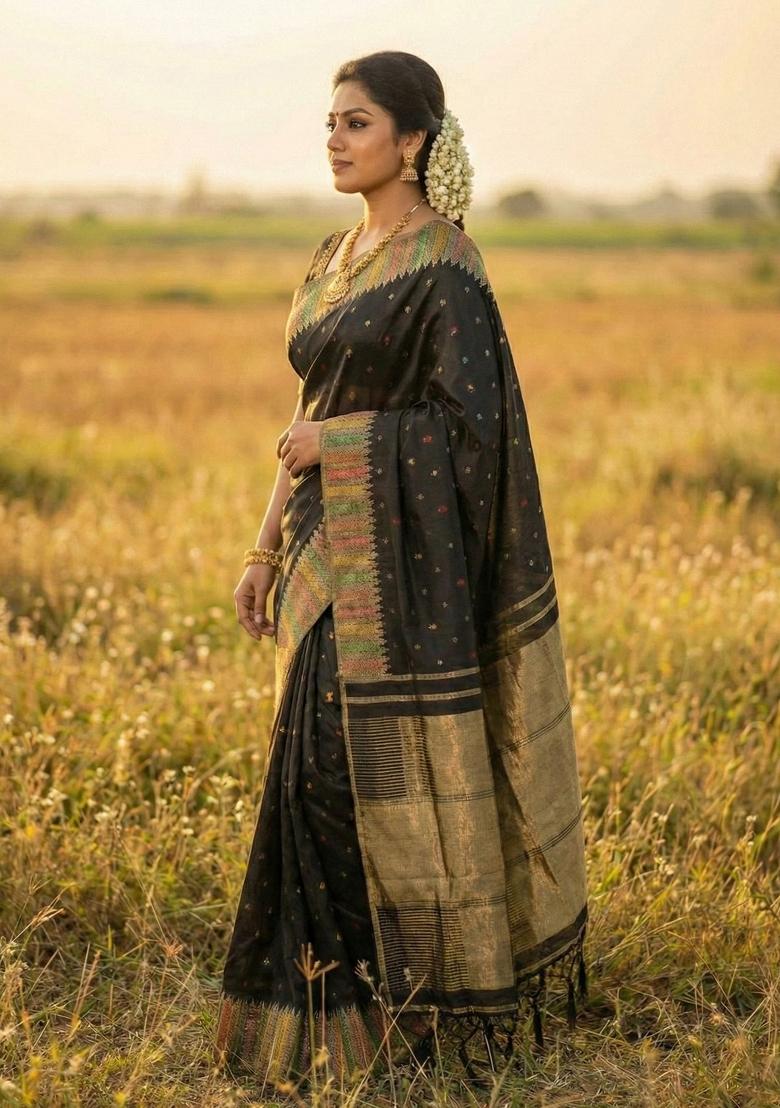 Black Woven Zari Work Silk Saree Set - Indya