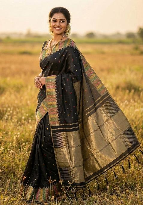 Black Woven Zari Work Silk Saree Set