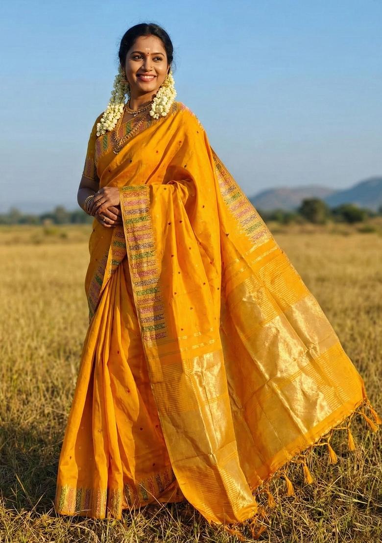 Yellow Woven Zari Work Silk Saree Set - Indya