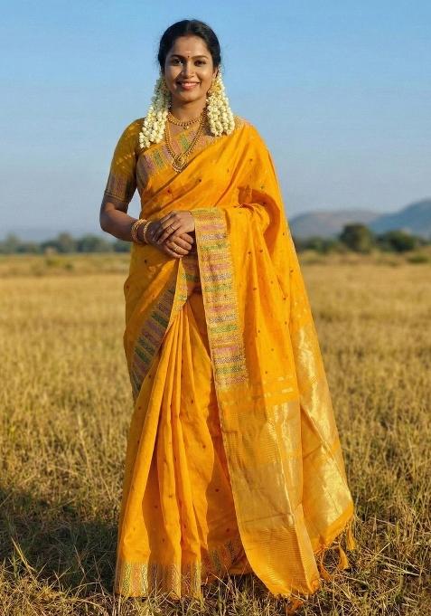 Yellow Woven Zari Work Silk Blend Saree Set