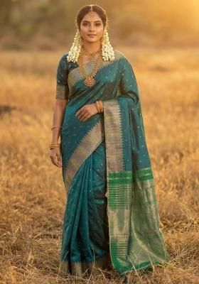 Bottle Green Woven Zari Work Silk Saree Set