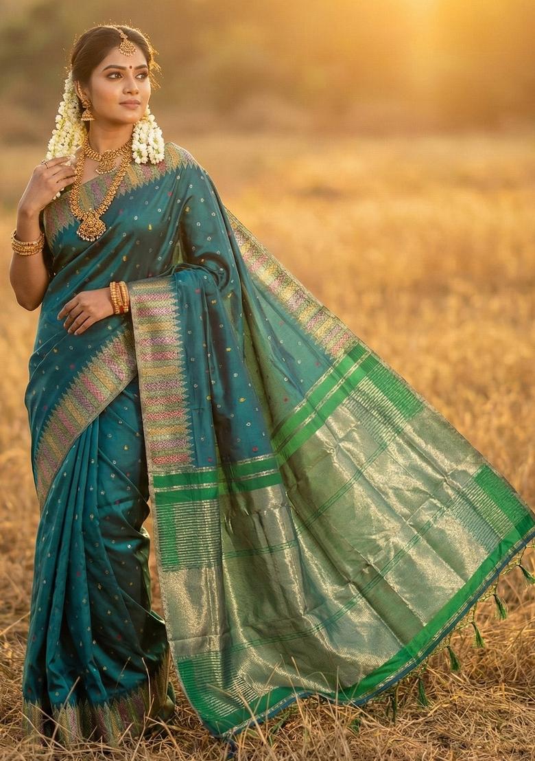 Bottle Green Woven Zari Work Silk Saree Set - Indya