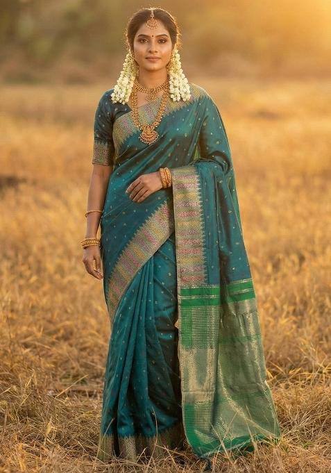 Bottle Green Woven Zari Work Silk Saree Set