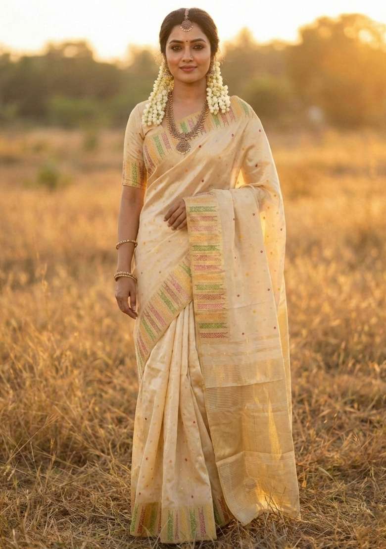 Cream Woven Zari Work Silk Blend Saree Set for Diwali and Festive Wear - Indya
