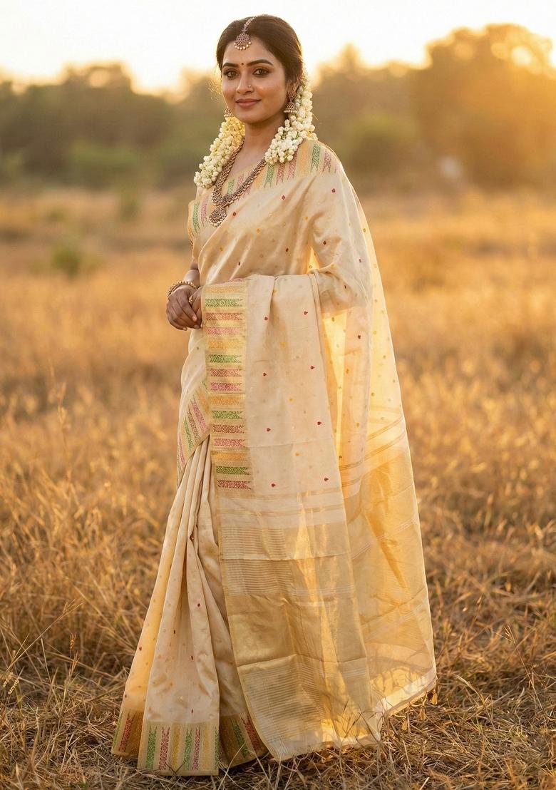 Cream Woven Zari Work Silk Saree Set - Indya