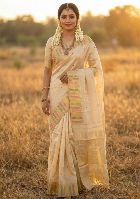 Cream Woven Zari Work Silk Blend Saree Set