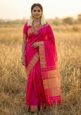 Pink Woven Zari Work Silk Saree Set