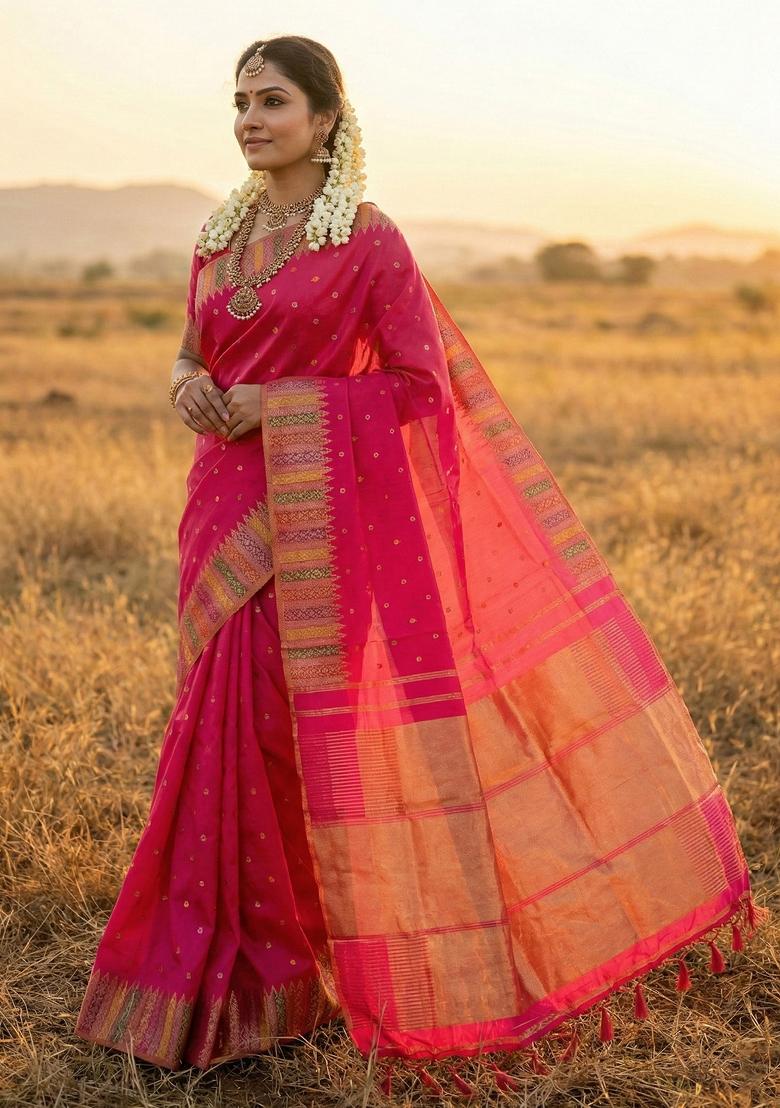 Pink Woven Zari Work Silk Saree Set - Indya