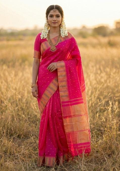 Pink Woven Zari Work Silk Blend Saree Set