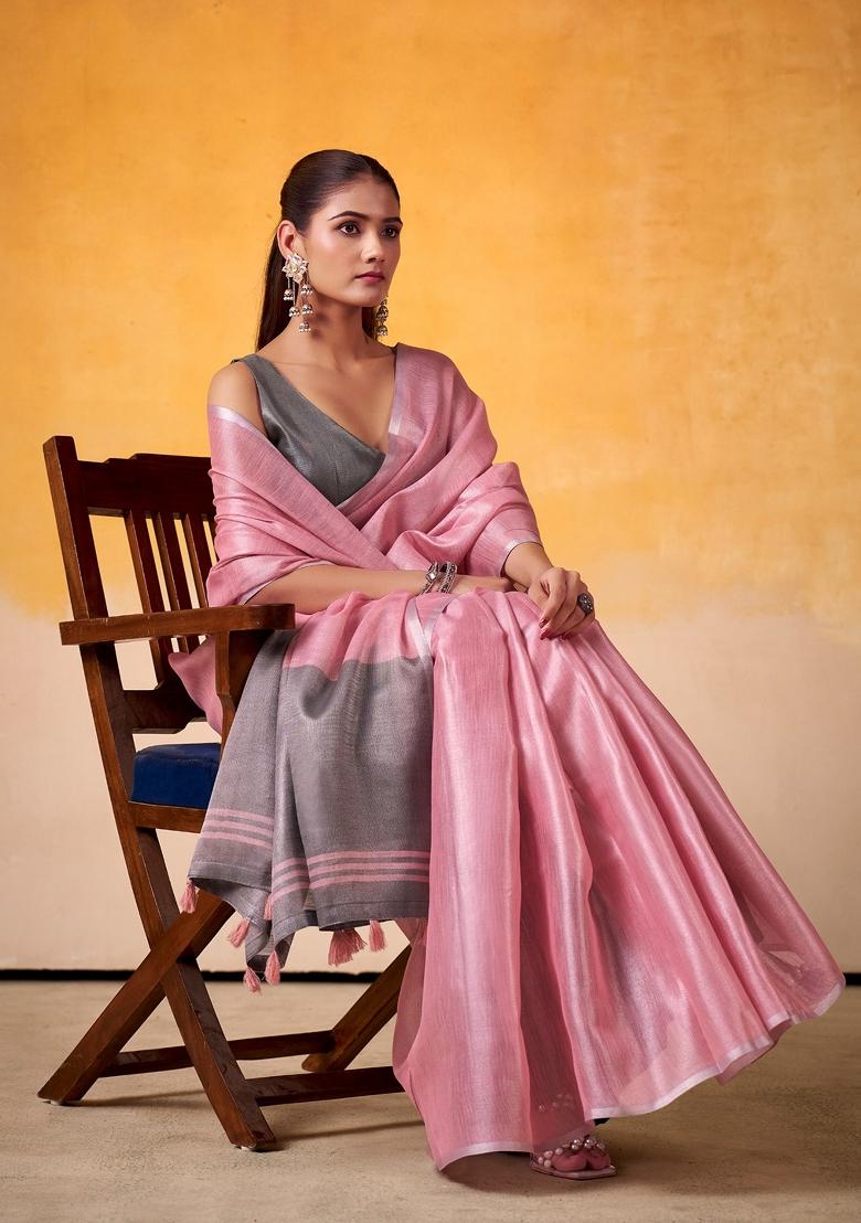 Pink Woven Zari Work Tissue Silk Saree Set - Indya