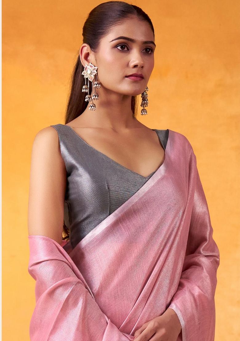 Pink Woven Zari Work Tissue Silk Saree Set - Indya
