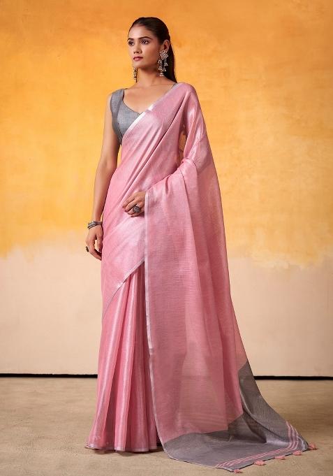 Pink Woven Zari Work Tissue Silk Blend Saree Set