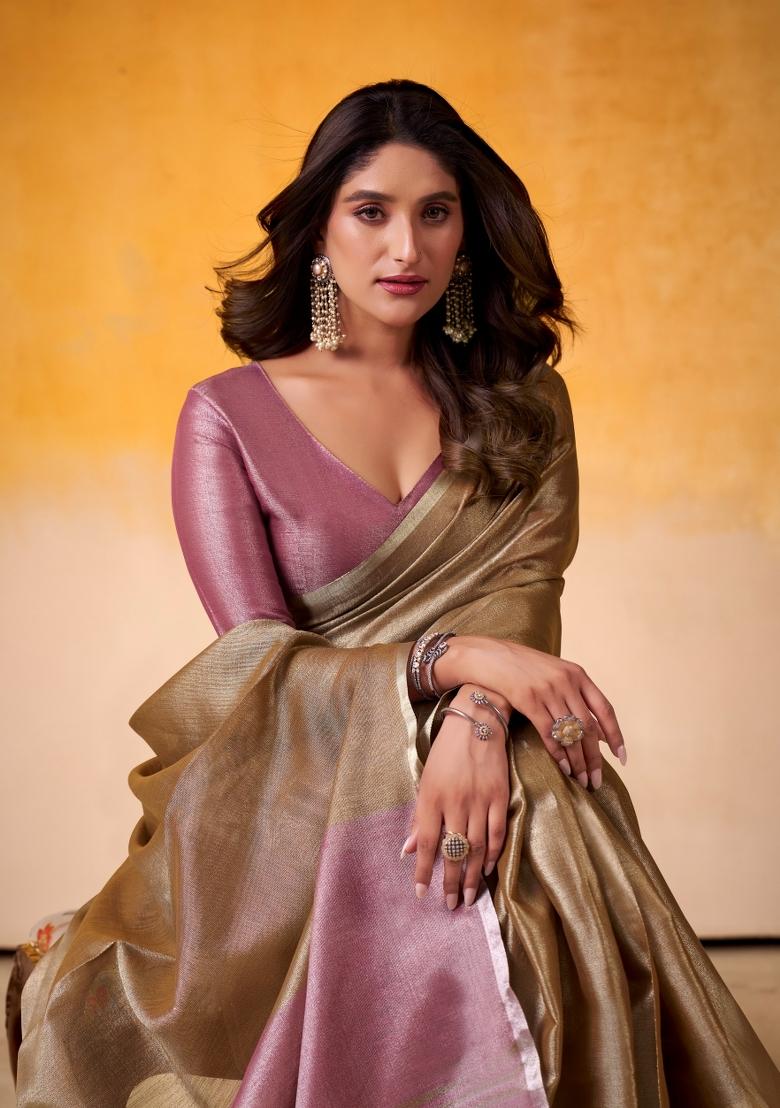 Bronze Woven Zari Work Tissue Silk Saree Set - Indya