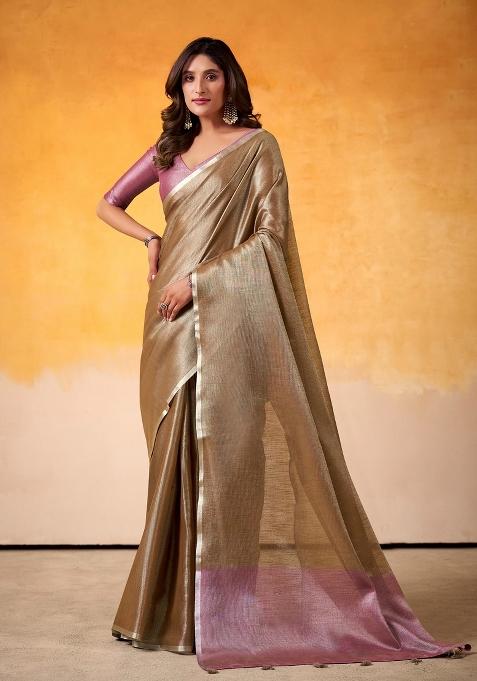 Bronze Woven Zari Work Tissue Silk Saree Set