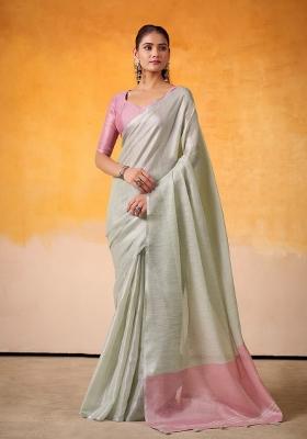 Mint Green Woven Zari Work Tissue Silk Saree Set