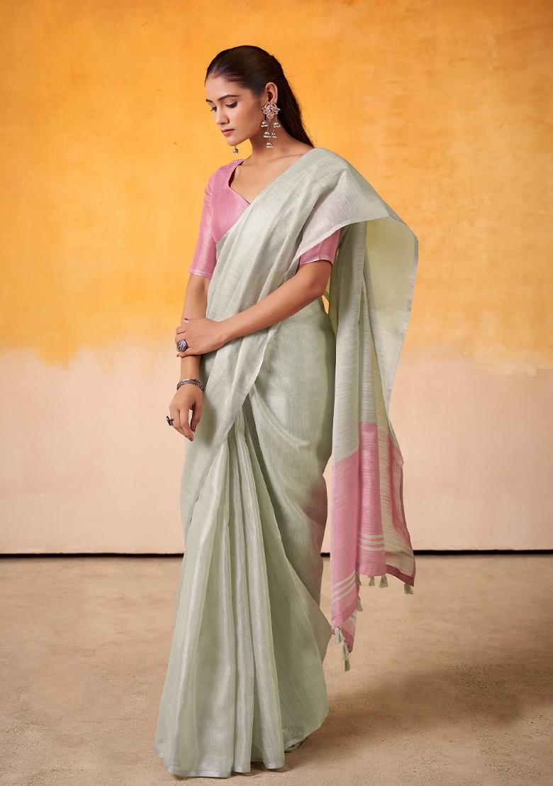 Mint Green Woven Zari Work Tissue Silk Saree Set - Indya