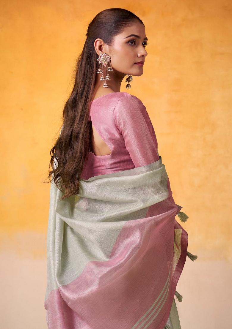 Mint Green Woven Zari Work Tissue Silk Saree Set - Indya