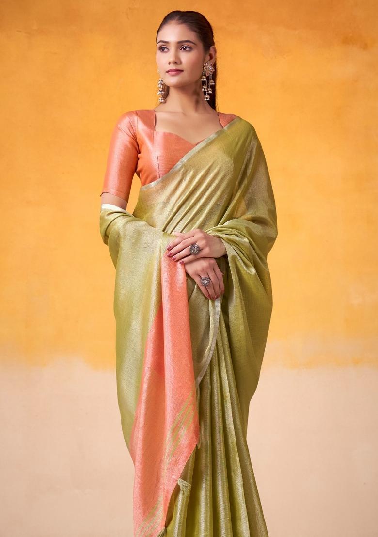 Lime Green Woven Zari Work Tissue Silk Saree Set - Indya