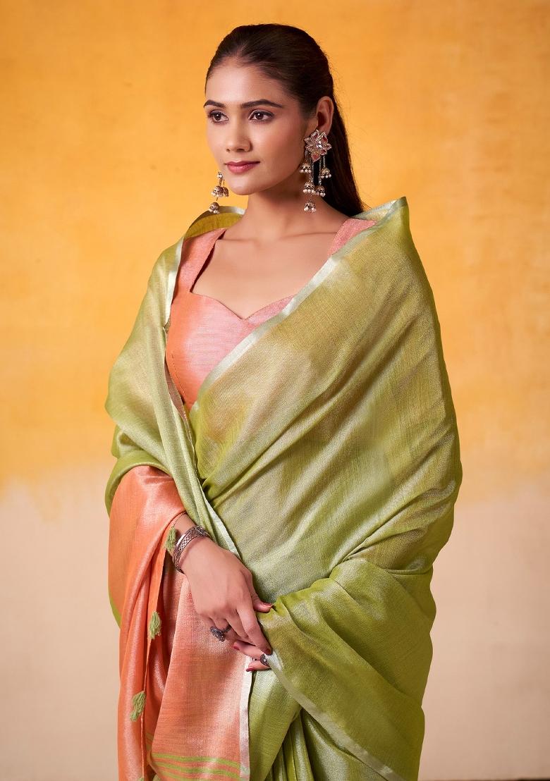 Lime Green Woven Zari Work Tissue Silk Saree Set - Indya