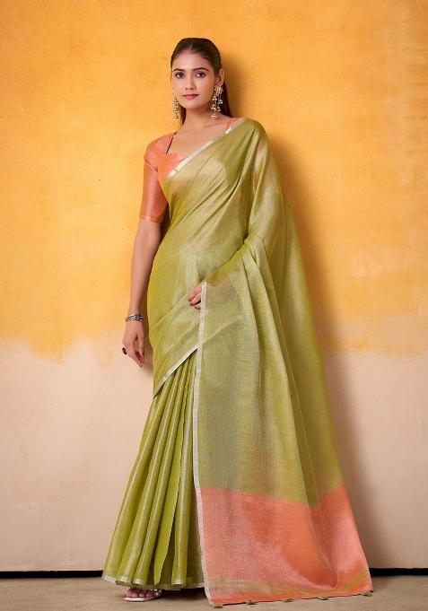 Lime Green Woven Zari Work Tissue Silk Blend Saree Set