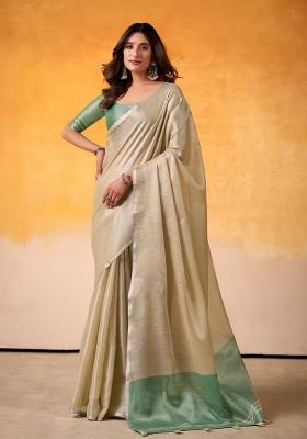 Beige Woven Zari Work Tissue Silk Saree Set