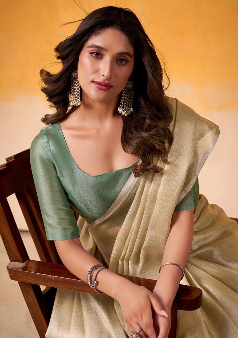 Beige Woven Zari Work Tissue Silk Saree Set - Indya