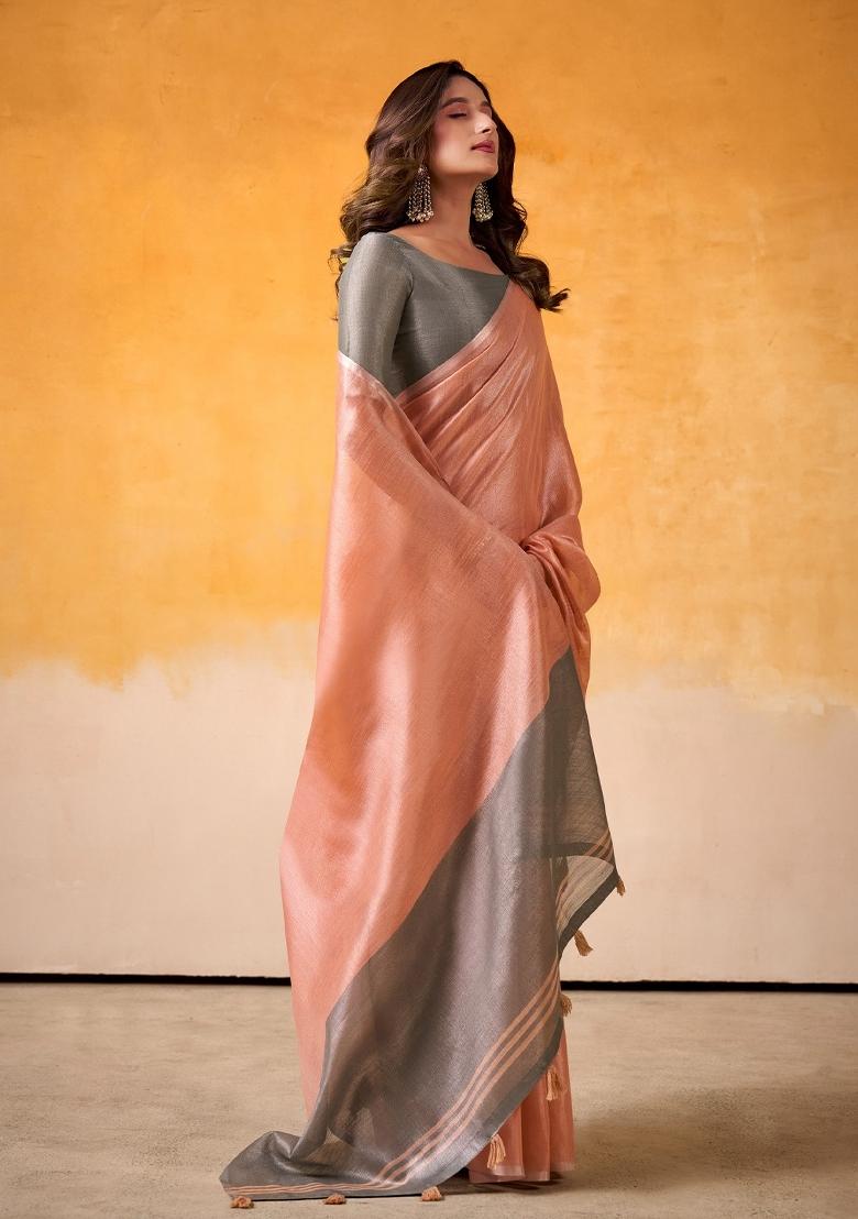 Peach Woven Zari Work Tissue Silk Saree Set - Indya