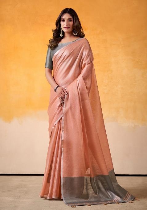 Peach Woven Zari Work Tissue Silk Saree Set