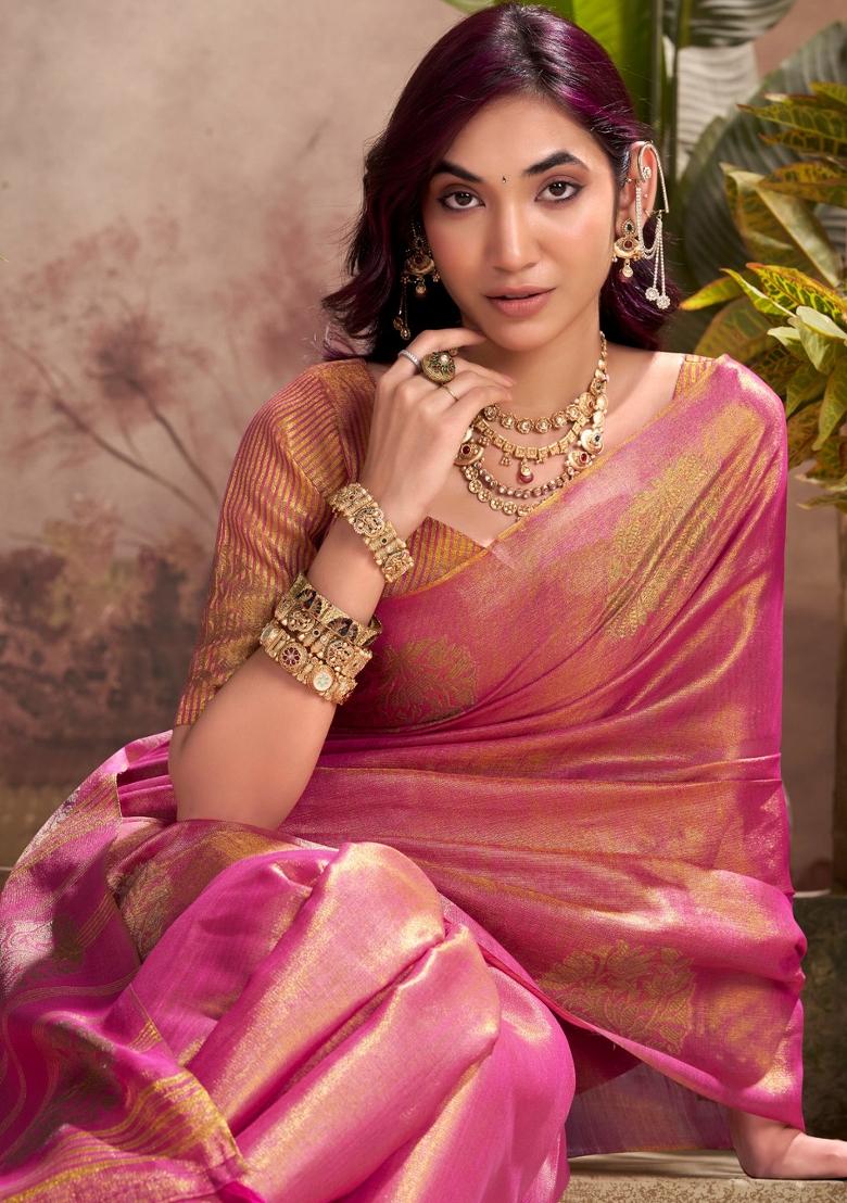 Magenta Woven Zari Work Tissue Silk Saree Set - Indya