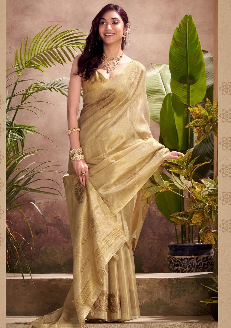 Golden Woven Zari Work Tissue Silk Saree Set - Indya
