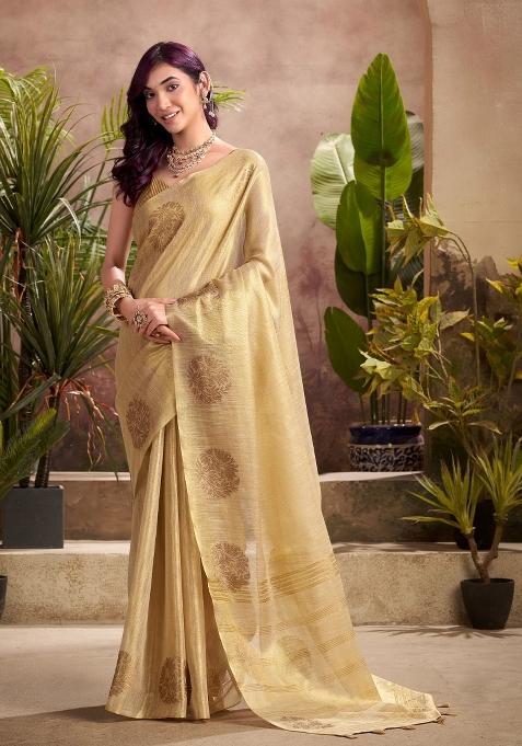 Golden Woven Zari Work Tissue Silk Saree Set