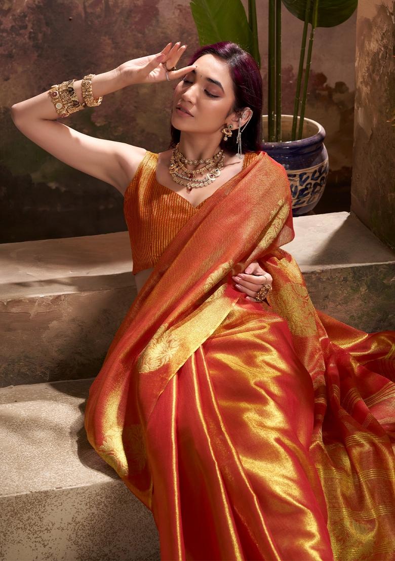 Rust Woven Zari Work Tissue Silk Saree Set - Indya