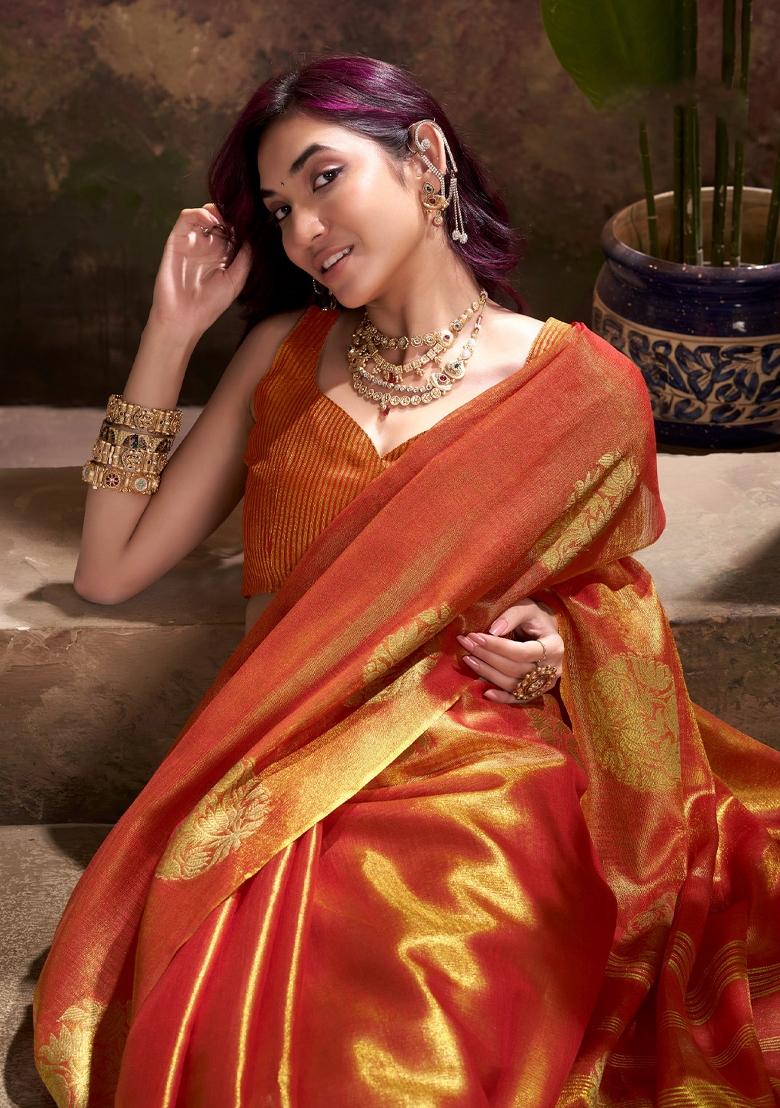 Rust Woven Zari Work Tissue Silk Saree Set - Indya