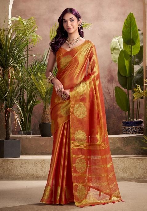 Rust Woven Zari Work Tissue Silk Blend Saree Set