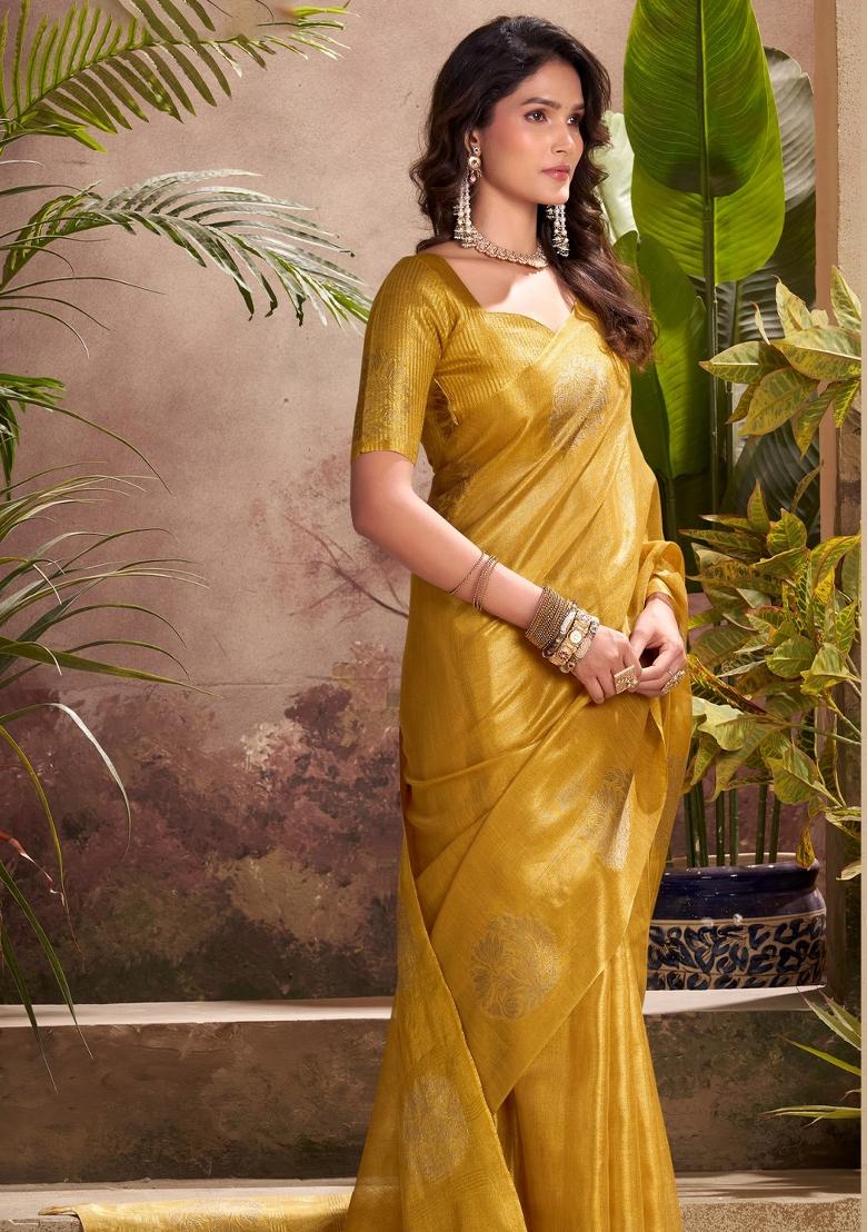 Mustard Woven Zari Work Tissue Silk Saree Set - Indya