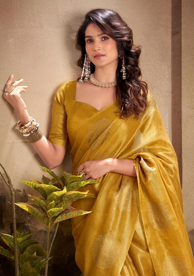 Mustard Woven Zari Work Tissue Silk Saree Set - Indya