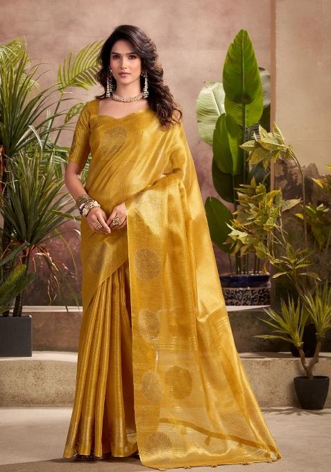 Mustard Woven Zari Work Tissue Silk Blend Saree Set