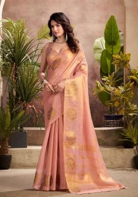 Peach Woven Zari Work Tissue Silk Saree Set