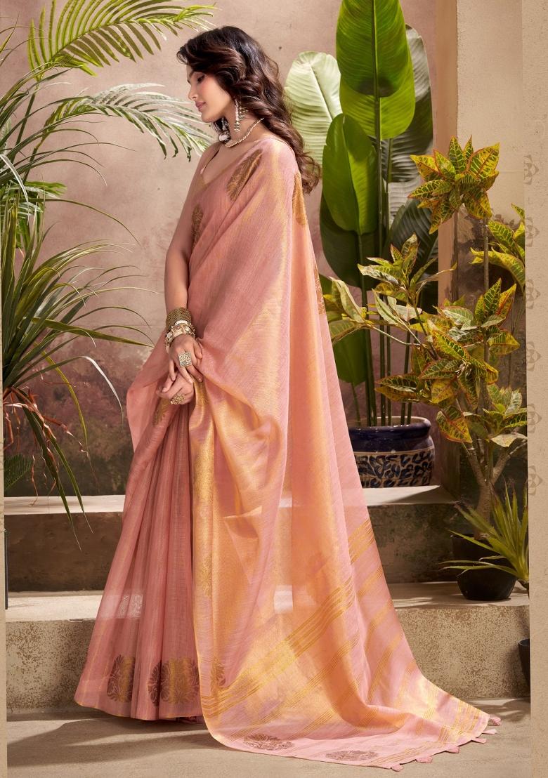 Peach Woven Zari Work Tissue Silk Saree Set - Indya