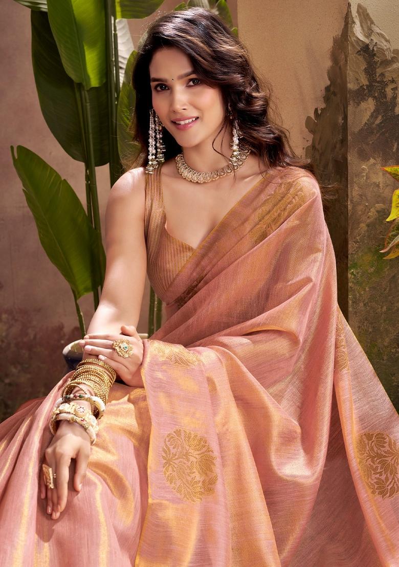 Peach Woven Zari Work Tissue Silk Saree Set - Indya